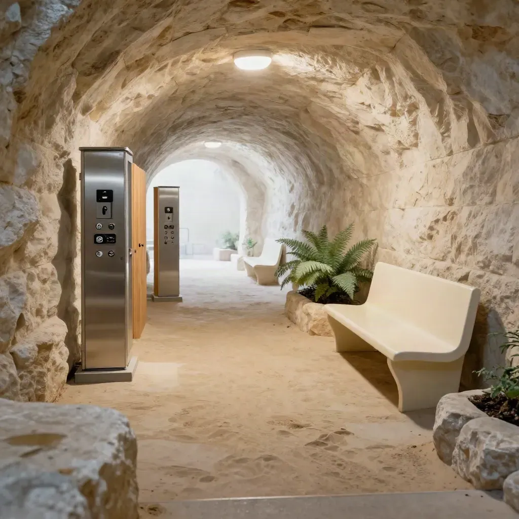 Tunnelroute met pictogrammen, audiodock en rustbank in een lichte, lege tunnelruimte.