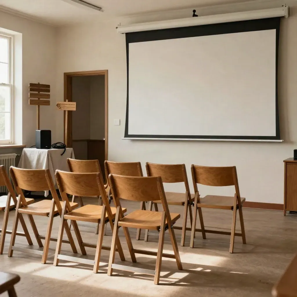 Zaal met klapstoelen, leeg projectiescherm en routeborden bij de deur in licht daglicht