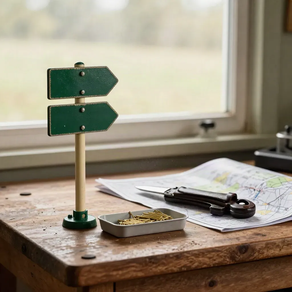 Groene trail markers, spelden en een leren meshoes op een werkbank in een parkopslag.