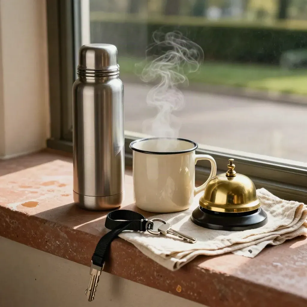 Thermos, enamel mok, bel en sleutelkoord op een terracotta stenen richel in zacht ochtendlicht.