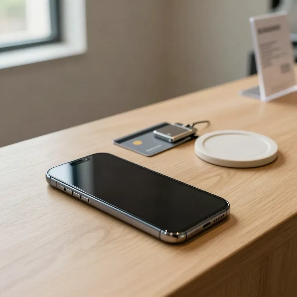 Donkere smartphone, contactloze kaart en sleutelhouder op licht eiken oppervlak.