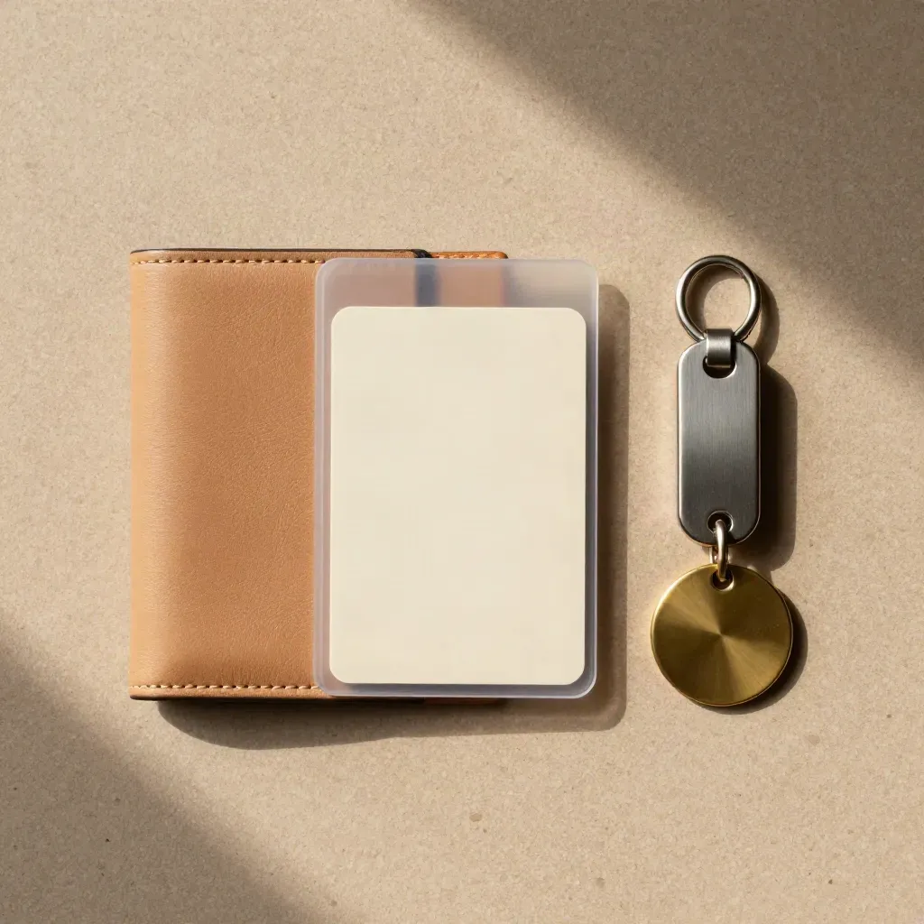 Overhead flatlay van ticketwallet, pashoes, sleutelhanger en messing ring op warme klei.