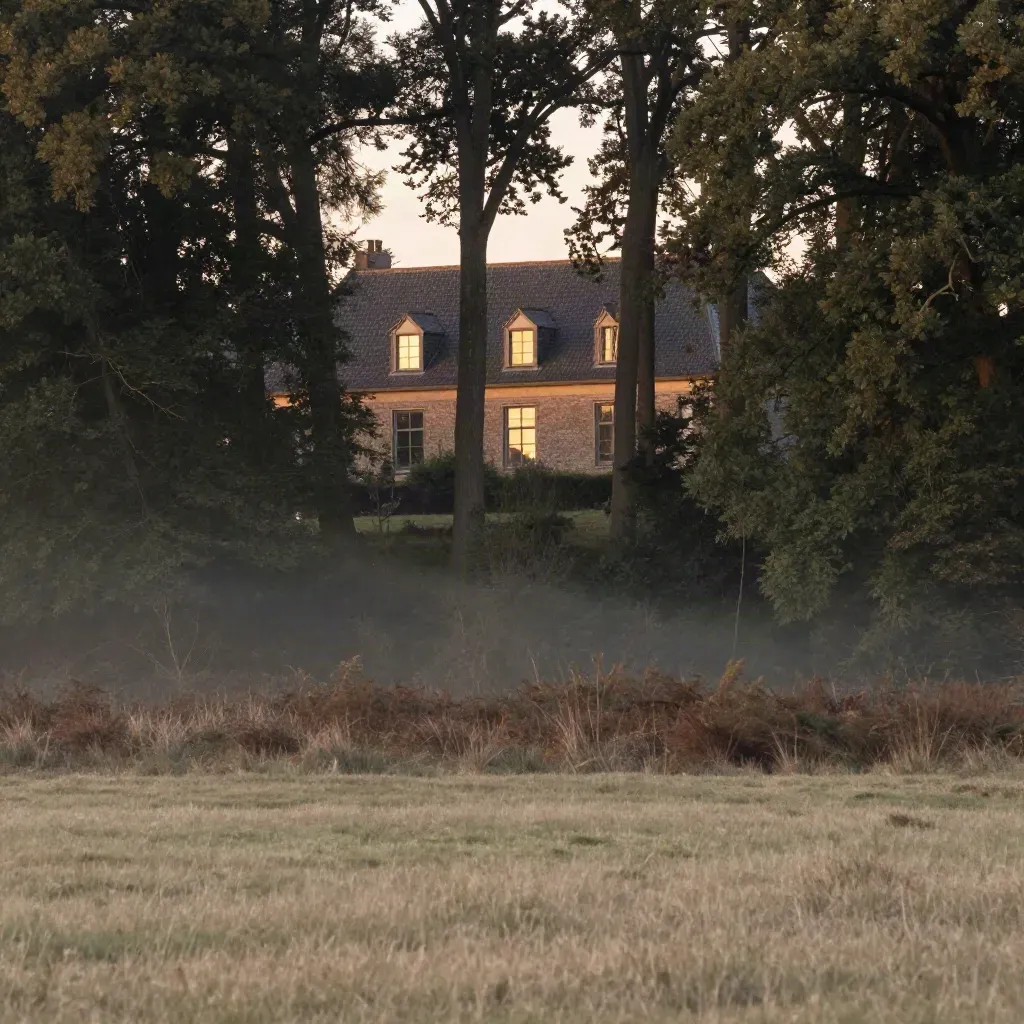 Mistige heuvelrand met een landhuis hoog tussen bomen bij schemering