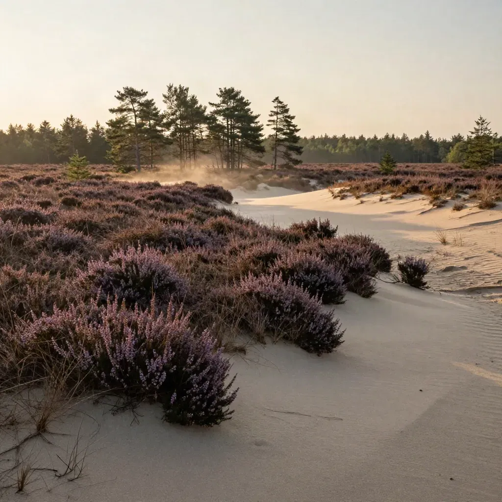 Veluwse heide met dennenrand, zandkruin en verre bomen in goud uurlicht