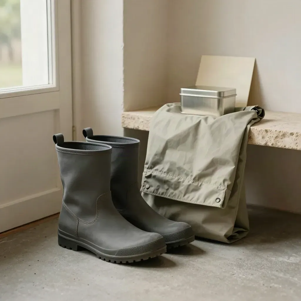 Wandelschoenen, regenjas en snackblikje op een stenen plank bij de deur
