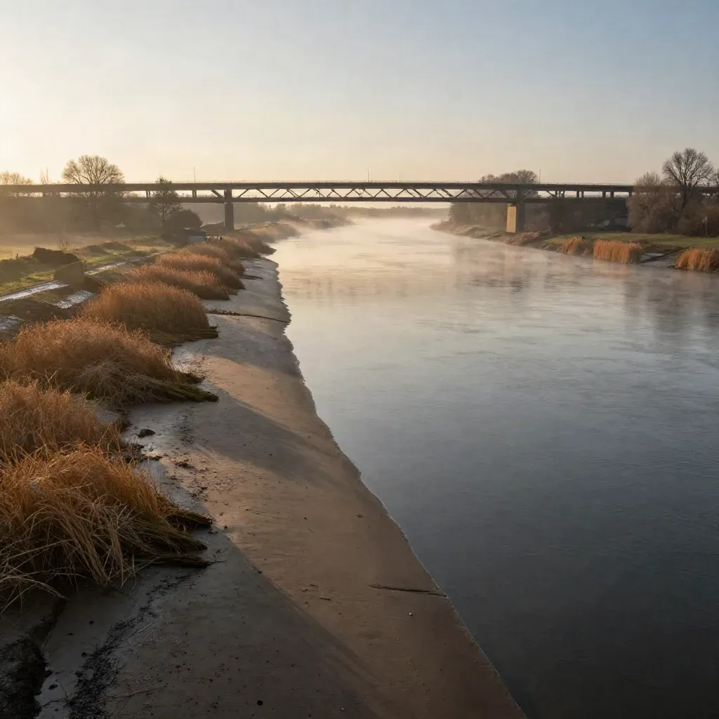 Arnhem-Nijmegen rivierbocht met hoge brug in avondmist en brede uiterwaarden.
