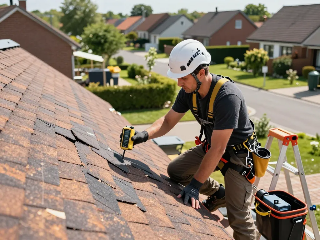 Professionele dakdekker inspecteert een dak op daklekkage in Almere, met de nadruk op kwaliteitsservice en expertise.
