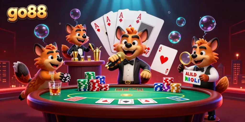 Experience the excitement at go88's casino with hyena characters performing and playing around.