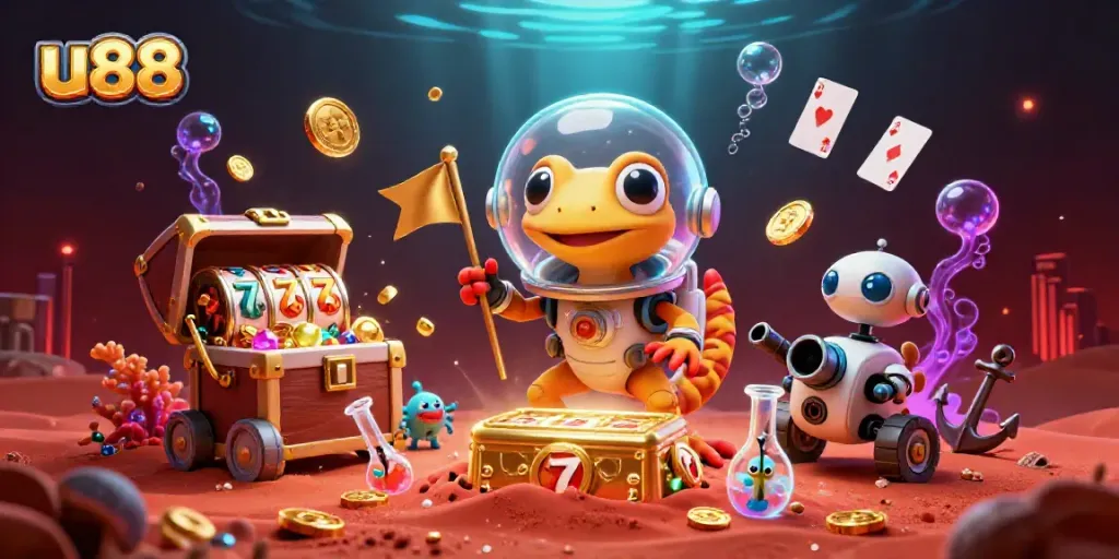 Experience the excitement of u88 with a cartoon Martian gecko discovering a golden casino amidst floating slot reels and treasure