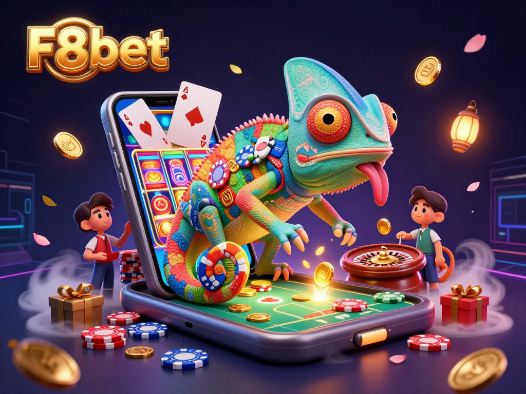 Engage with F8bet's colorful casino experience, featuring a playful chameleon owner and dynamic game elements.