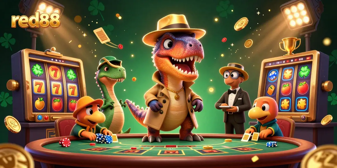 Experience thrilling slot action with red88 as a velociraptor attempts to win at blackjack while being watched by a stegosaurus.