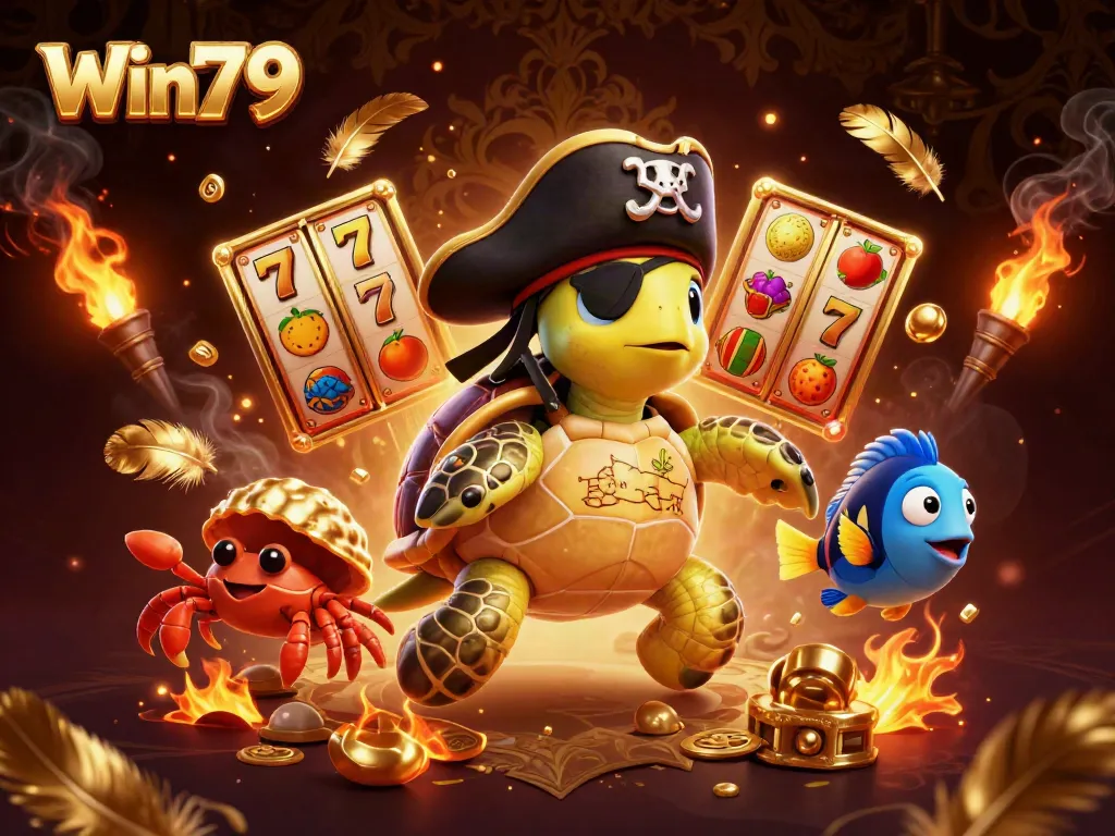 Win79 showcases thrilling gameplay with vibrant slot reels and atmospheric treasure elements in this dynamic casino scene.