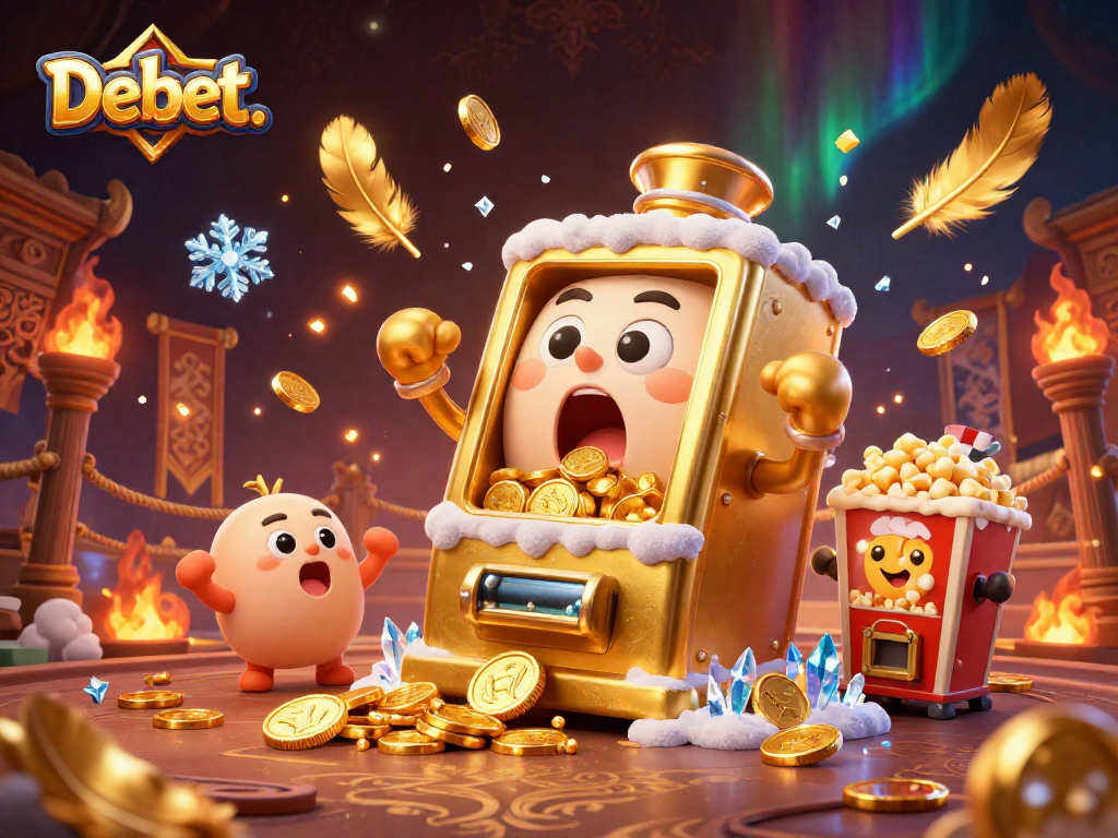 Experience Debet's thrilling jackpot moment with vibrant slot machines pouring coins in a lively casino scene.