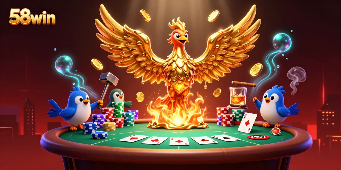 Experience thrilling action at 58win with a phoenix made of molten gold and vibrant casino elements.