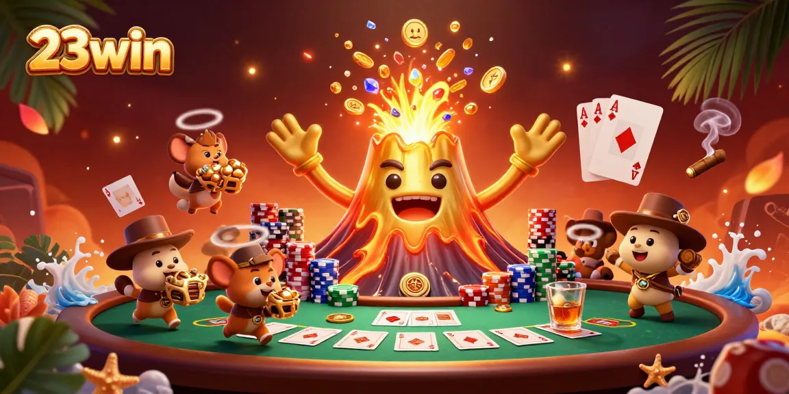 Experience the thrill of 23win with a victorious golden volcano erupting treasure in an exciting casino scene.
