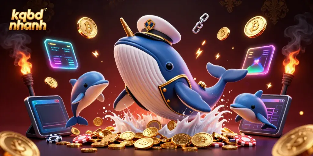 Experience kqbd nhanh with dynamic 3D illustration of a whale in a sea of coins, showcasing vibrant gaming elements.