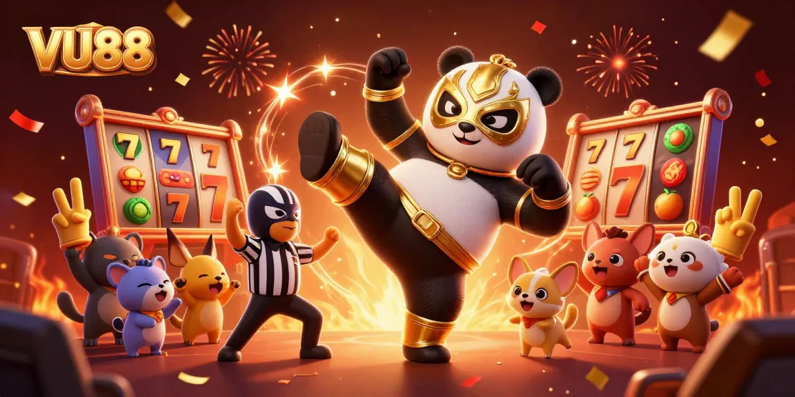 Spin to win with VU88's vibrant casino action featuring a panda wrestler, animated slot symbols, and lively spectators.