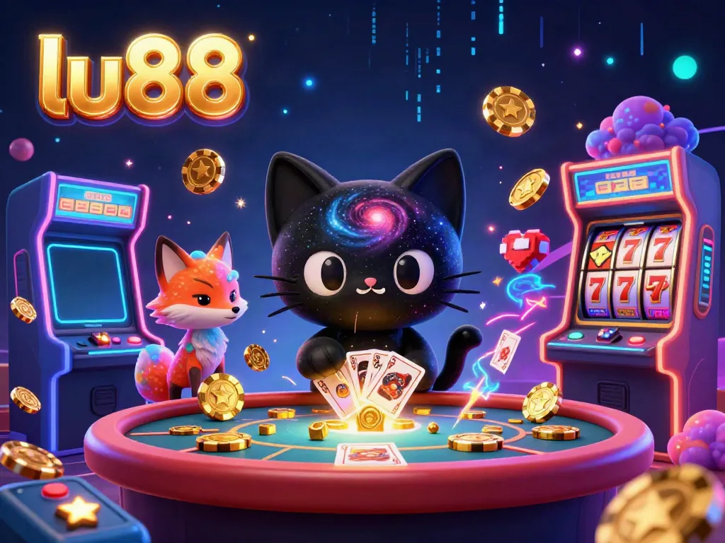 Experience the magic of lu88 as the black hole cat captures winnings amidst vibrant casino elements in this 3D scene.