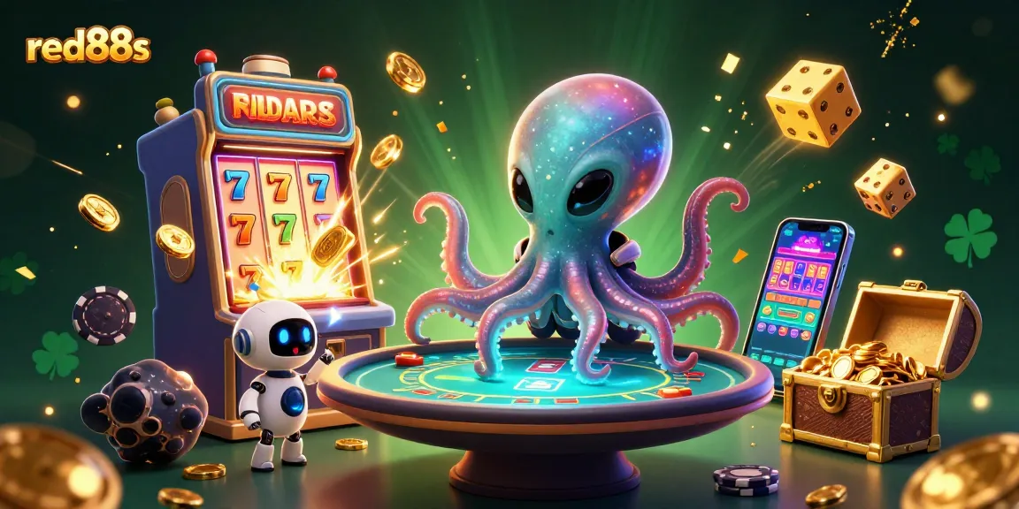Experience thrilling gaming with red88s as an alien octopus operates a holographic poker table.