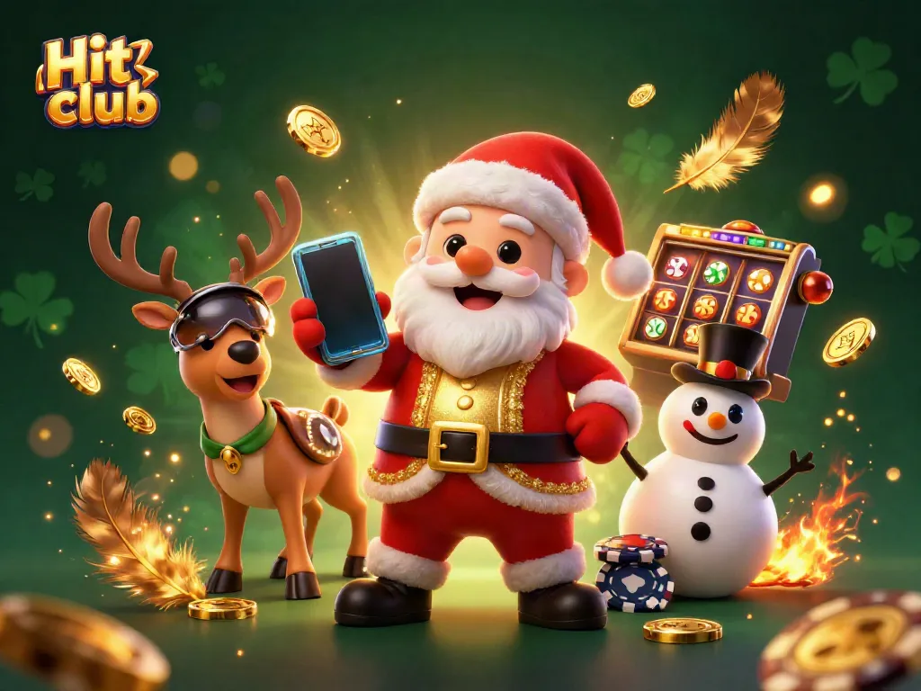 Engage with Hit club's thrilling gaming experience illustrated with Santa, a reindeer dealer, and a poker chip snowman.
