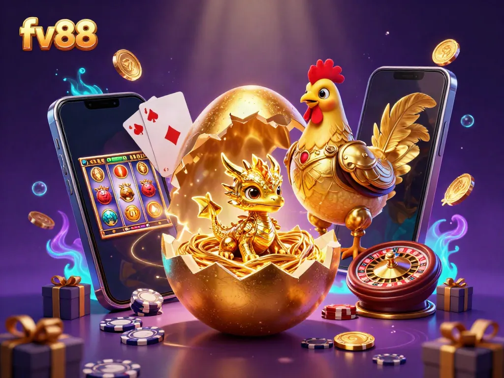 Engage in thrilling gameplay at fv88 with a golden dragon and vibrant casino elements.