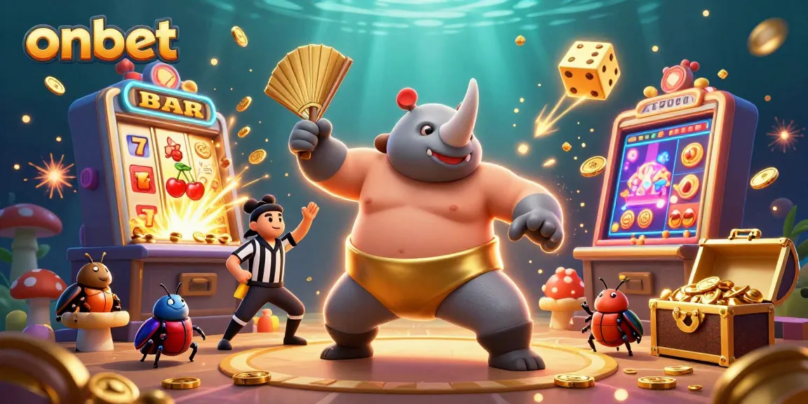 Engage with onbet's dynamic casino games showcased in an action-packed 3D illustration.