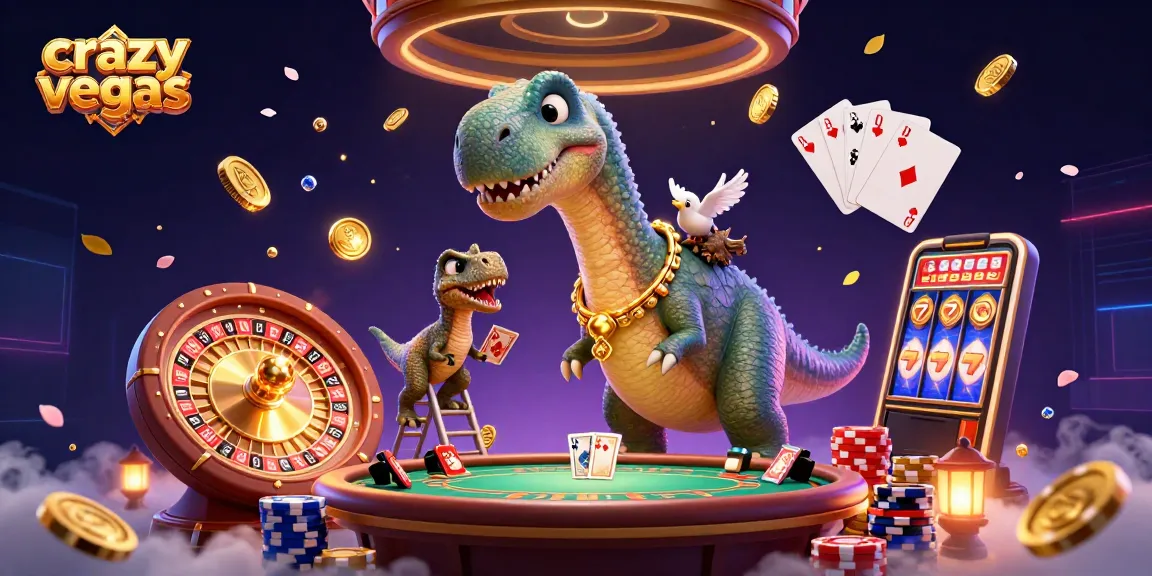 Experience the thrilling world of crazyvegas with a brontosaurus and raptor in a vibrant casino scene.
