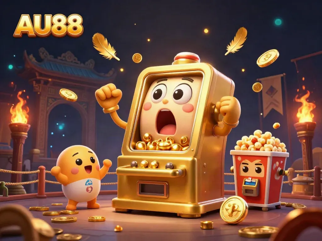 AU88 slots machine wins big, surrounded by cheering slot machines and golden coins.