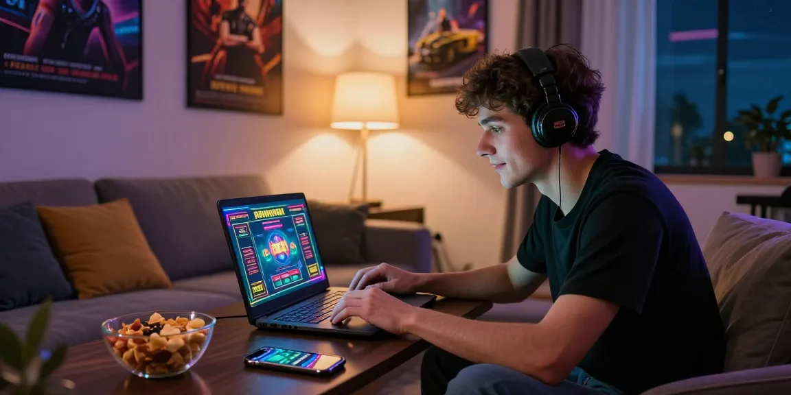 Spannende Szene eines jungen Mannes, der in einem gemütlichen Wohnzimmer in einem Paysafe Card Casino spielt.