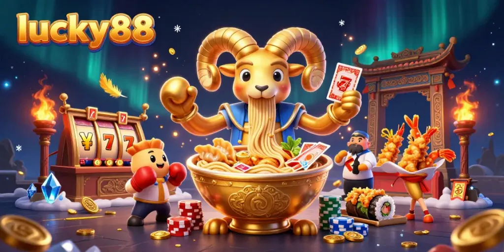 Exciting lucky88 casino scene featuring a giant ramen bowl character dealing cards surrounded by dynamic game elements.