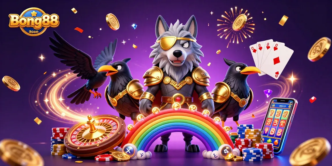 Bong88 players enjoy a vibrant 3D illustration with Odin and ravens amidst casino elements, showcasing thrilling gaming action.