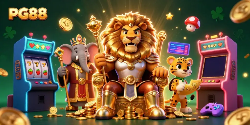 Experience excitement at PG88 with a lion king, elephant advisor, and cheetah messenger amidst thrilling casino elements.