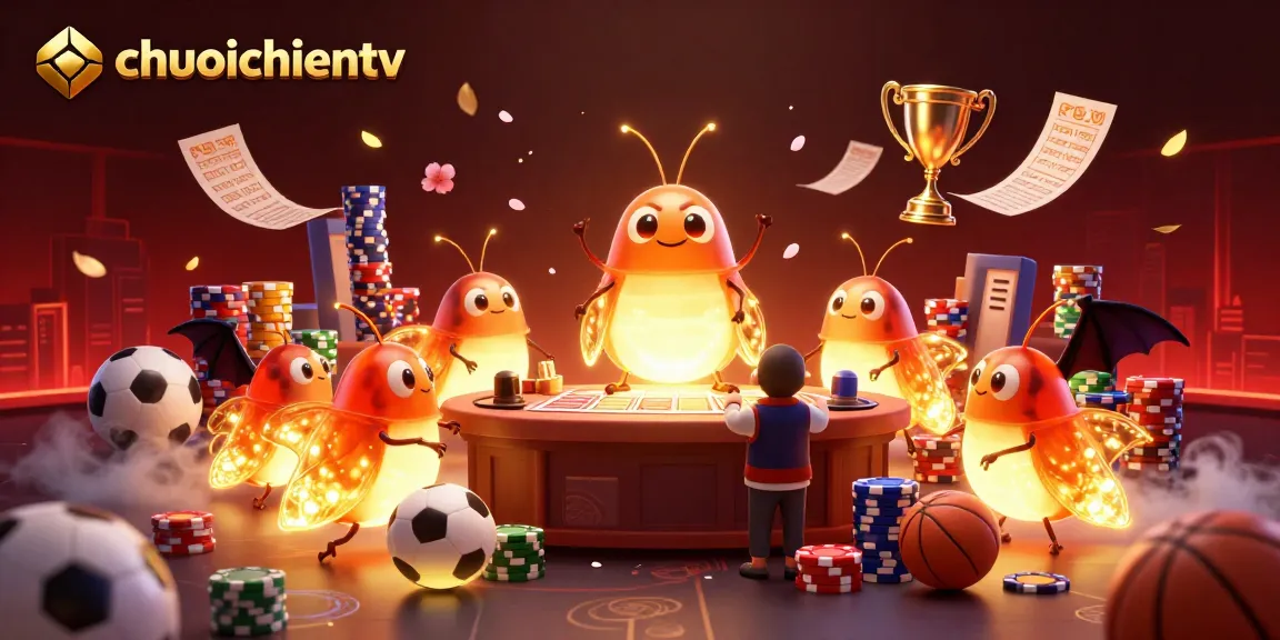 Experience high-energy sports betting with chuoichientv's delightful 3D illustration of lively glowworms illuminating a betting table.