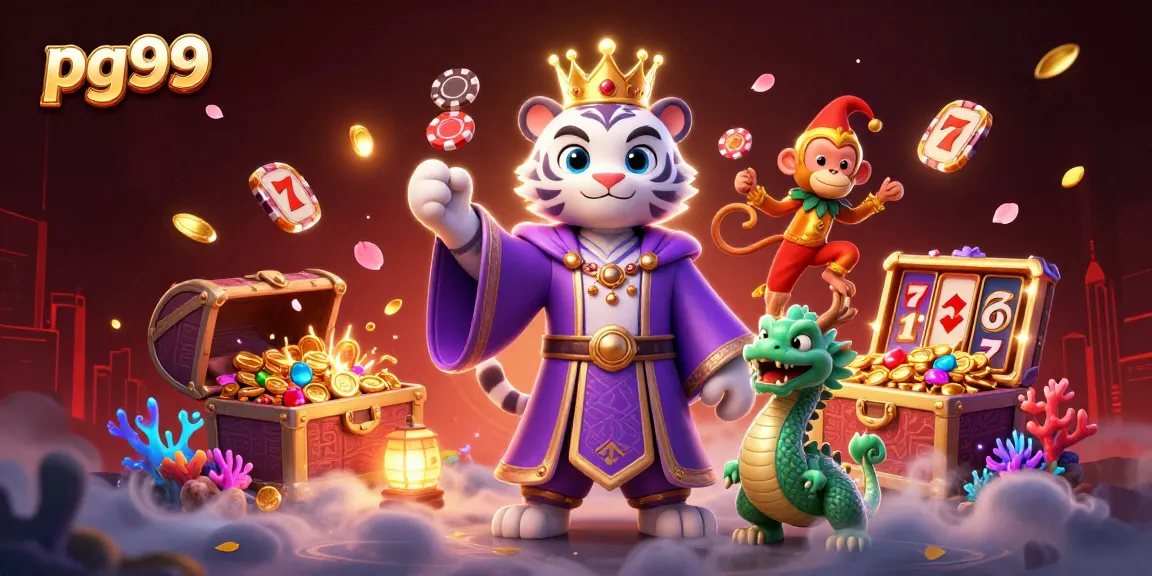 Experience the thrill of pg99 slots with a regal tiger, jester monkey, and jade dragon amidst vibrant treasures.