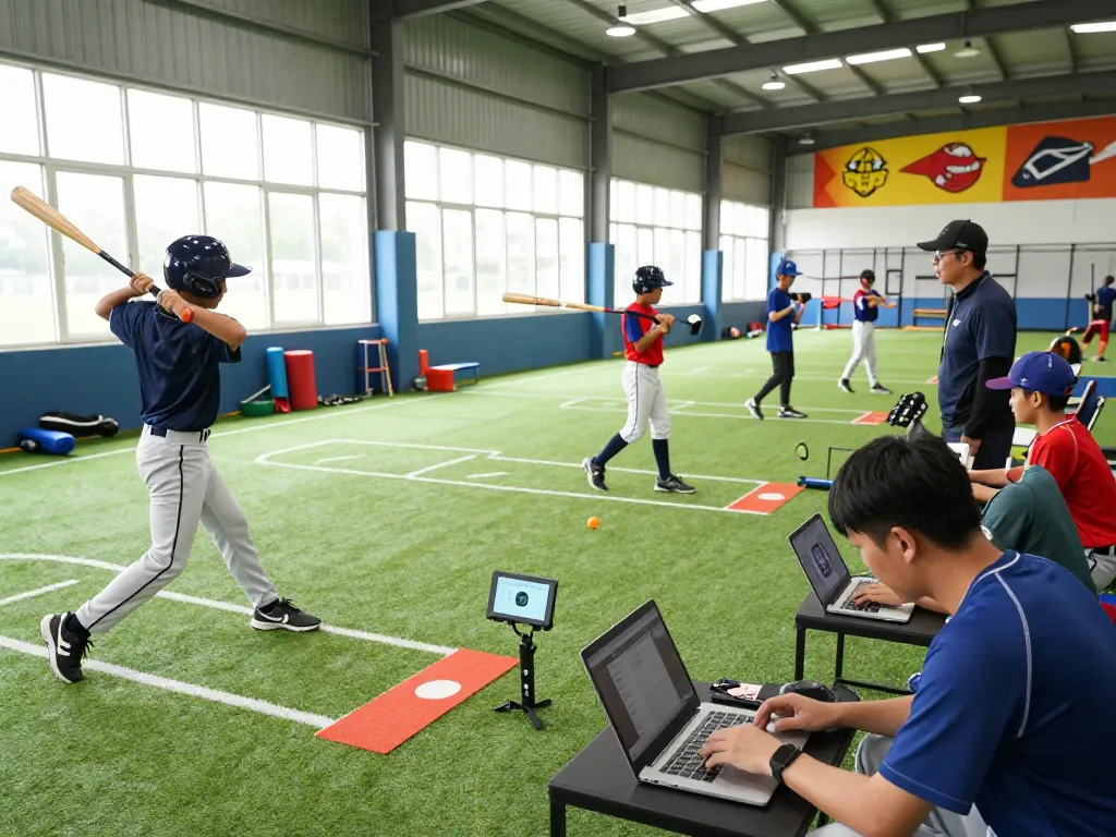 Hit club baseball training scene with young athletes practicing hitting techniques and analyzing performance data.