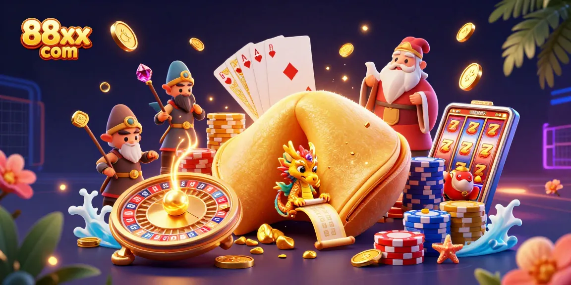 Win big with exciting games at 88xx com, featuring a golden fortune cookie and dynamic casino elements.