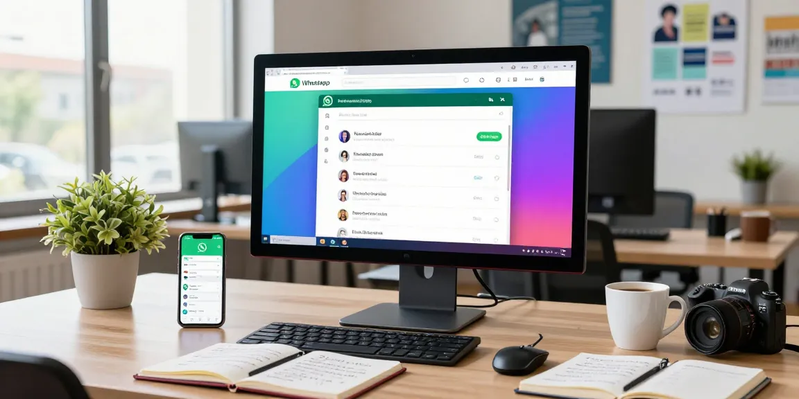 Using WhatsApp網頁版 on a desktop with vibrant chat interface, modern workspace setup.