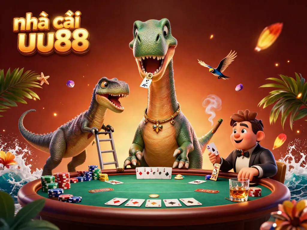 Engage with the fun at nhà cái uu88 featuring a giant brontosaurus watching a poker game
