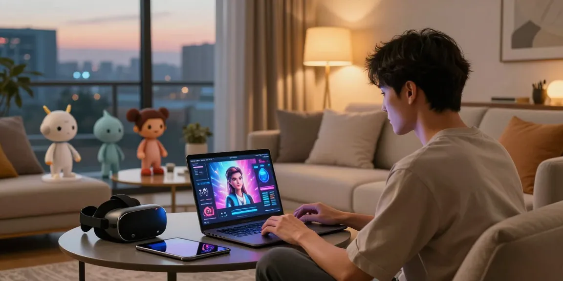 Interactive character ai nsfw roleplay scene with user immersed in AI companionship.