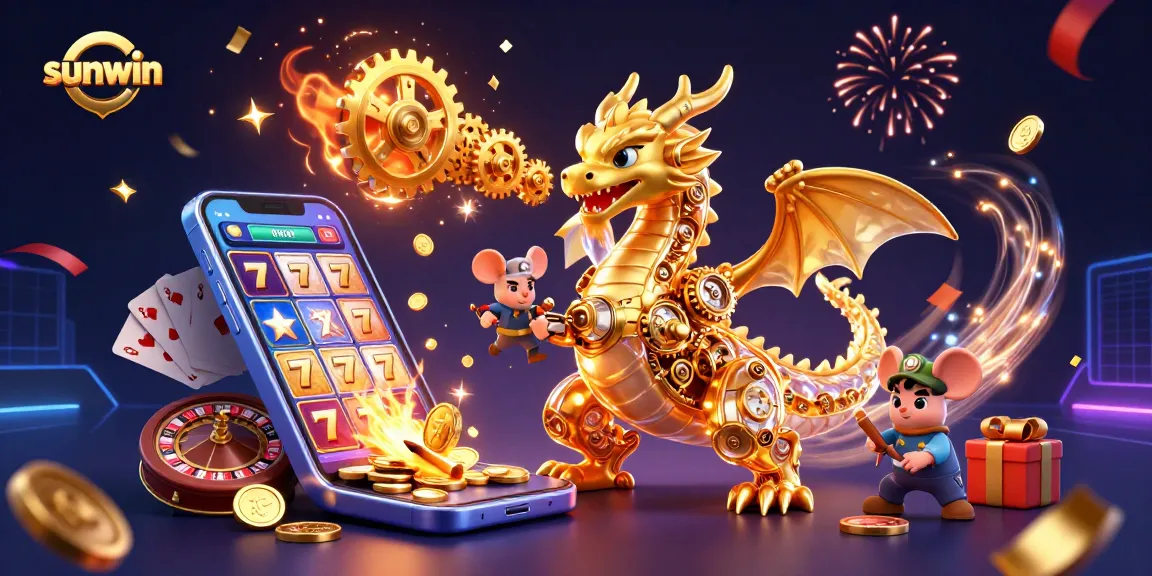 Engage with sunwin's thrilling 3D gaming world showcasing a golden dragon and interactive slot game elements