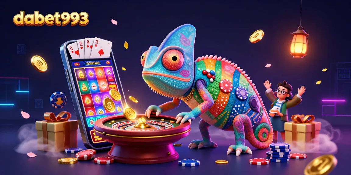 dabet993 chameleon casino owner grabs golden coins with a vibrant 3D illustration showcasing gaming excitement