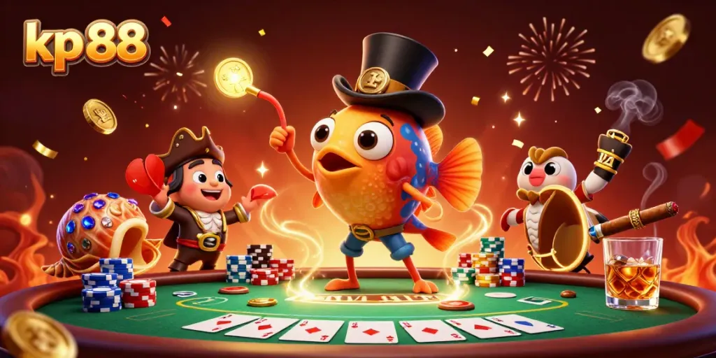 Engage with kp 88's vibrant casino scene featuring characters seeking golden coin rewards.