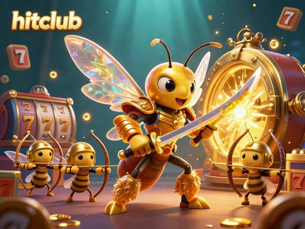 Hitclub's vibrant casino scene showcases a golden hornet samurai surrounded by sparkling slots and treasures.
