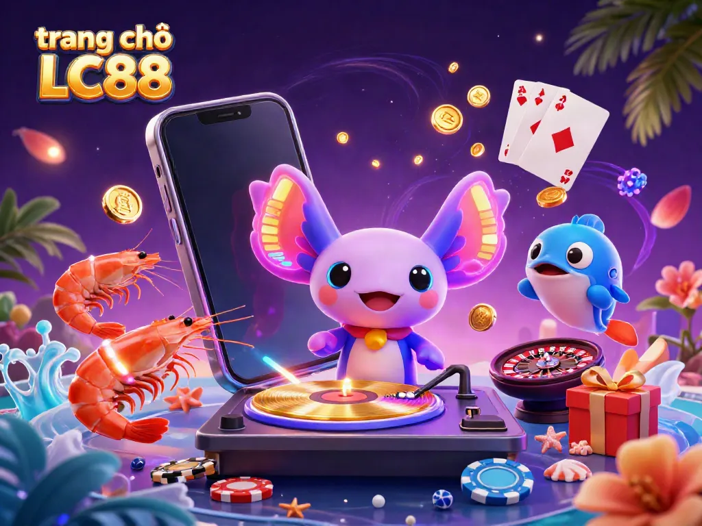 Experience vibrant gaming with the neon-themed scene at trang chủ LC88 featuring a colorful axolotl DJ.