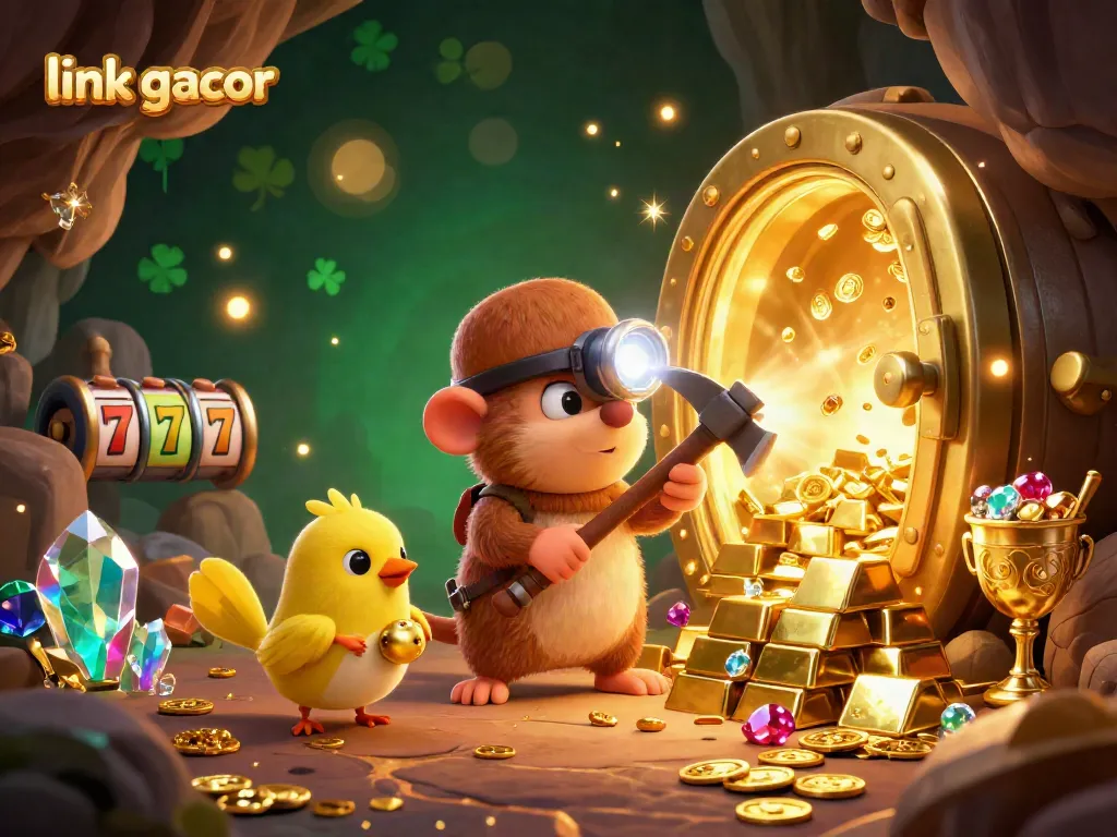 Experience the excitement of link gacor with this vibrant 3D illustration of a treasure hunter discovering riches in a dynamic casino world.