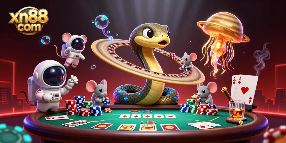 Engage in exciting bets with the xn88 com roulette scene featuring a cosmic dealer and playful astronaut mice.