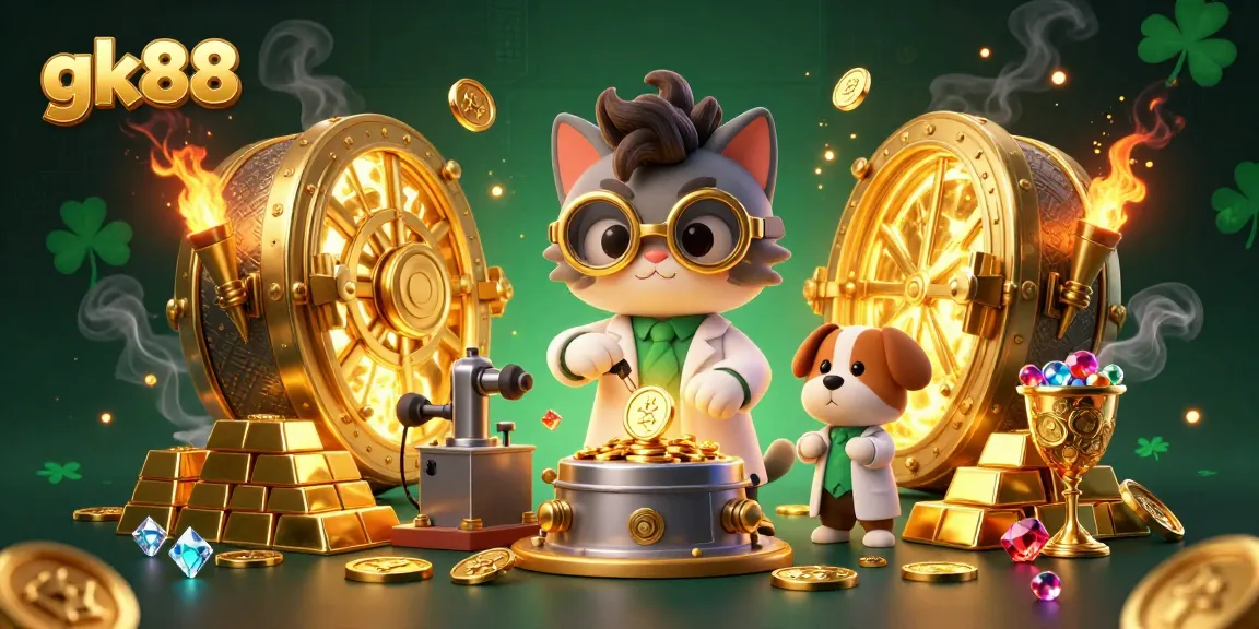 Engage in thrilling action at gk88 with a vibrant 3D cartoon scene showcasing a mad scientist cat, gold coins, and sparkling treasures.
