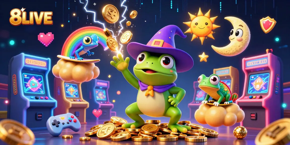 Engage with 8LIVE's vibrant gaming world powered by golden coins, colorful arcade elements, and dynamic characters.