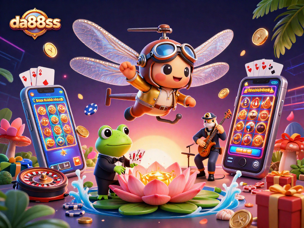 Experience thrilling wins at da88sss with a dynamic casino scene featuring a dragonfly pilot and frog dealer amidst vibrant game elements.