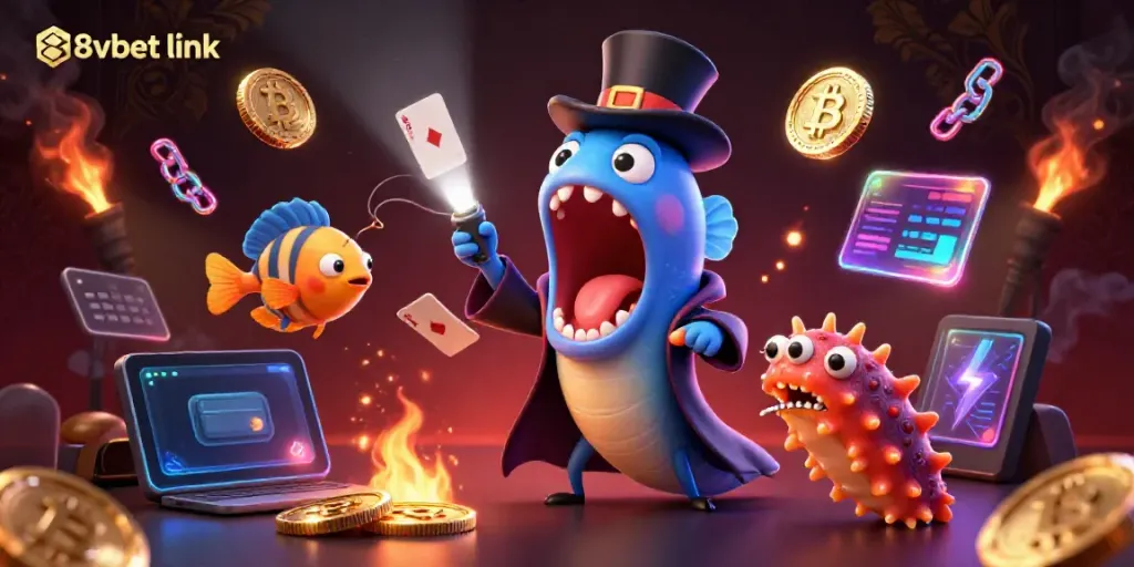 Enchanting scene of a bioluminescent gulper eel performing magic tricks while surrounded by crypto elements, featuring the 88vbet link.